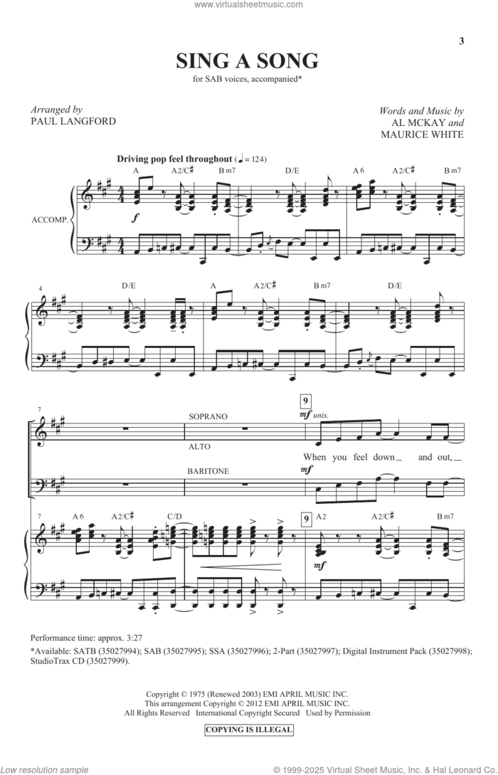 Sing A Song (arr. Paul Langford) sheet music for choir (SAB: soprano, alto, bass) by Earth, Wind & Fire, Paul Langford, Al McKay and Maurice White, intermediate skill level