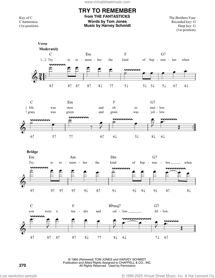 Try To Remember (from The Fantasticks) sheet music for harmonica solo by Tom Jones and Harvey Schmidt, intermediate skill level