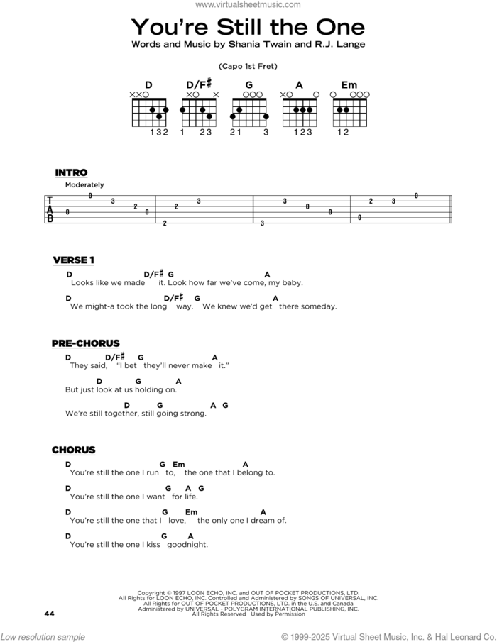 You're Still The One sheet music for guitar solo by Shania Twain and Robert John Lange, beginner skill level