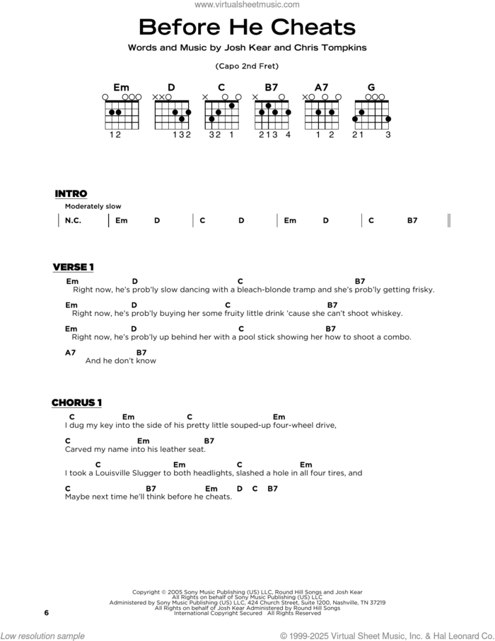 Before He Cheats sheet music for guitar solo by Carrie Underwood, Chris Tompkins and Josh Kear, beginner skill level