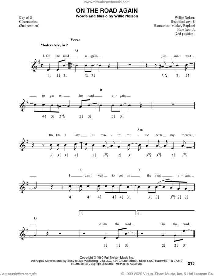 On The Road Again sheet music for harmonica solo by Willie Nelson, intermediate skill level