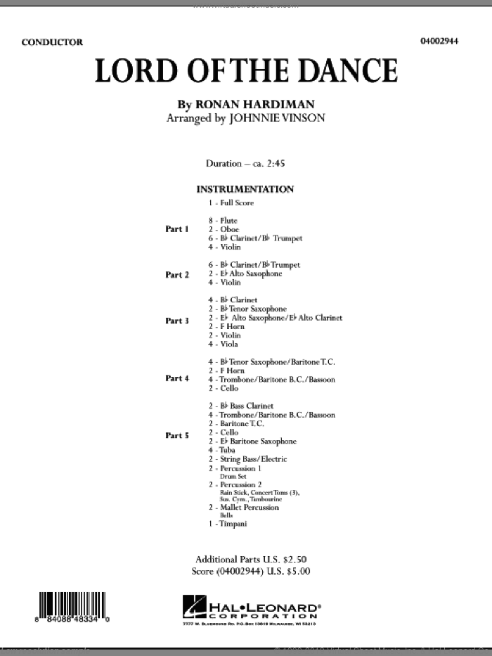 The Lord Of The Dance (COMPLETE) sheet music for concert band by Ronan Hardiman and Johnnie Vinson, intermediate skill level