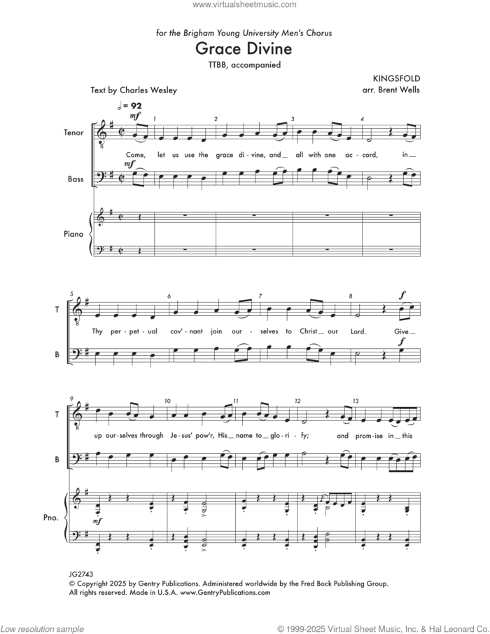 Grace Divine sheet music for choir (TTBB: tenor, bass) by Brent Wells, intermediate skill level