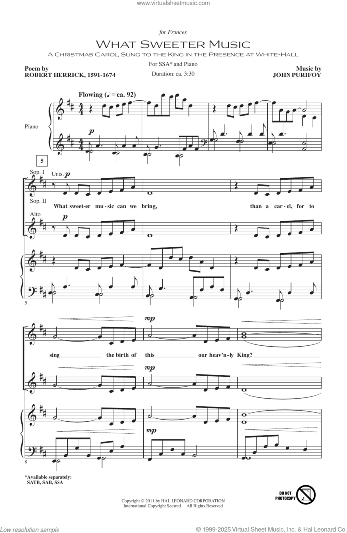 What Sweeter Music sheet music for choir (SSA: soprano, alto) by John Purifoy and Robert Herrick, intermediate skill level