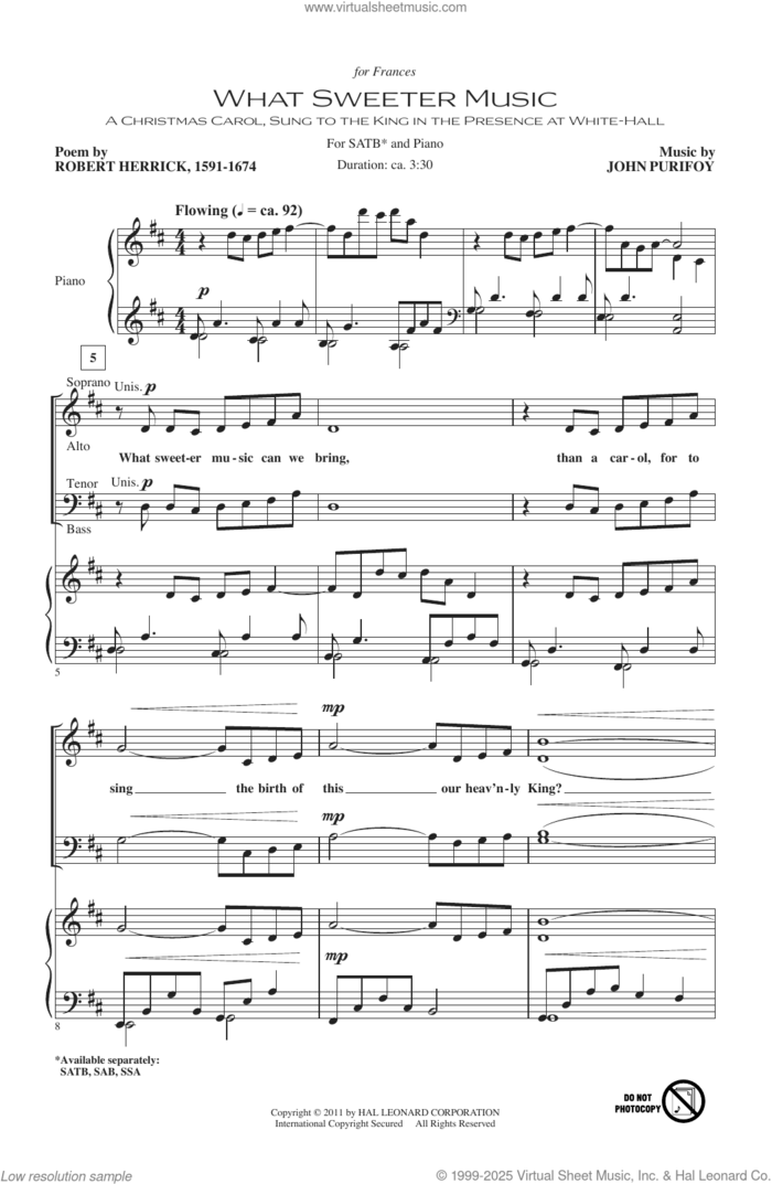 What Sweeter Music sheet music for choir (SATB: soprano, alto, tenor, bass) by John Purifoy and Robert Herrick, intermediate skill level