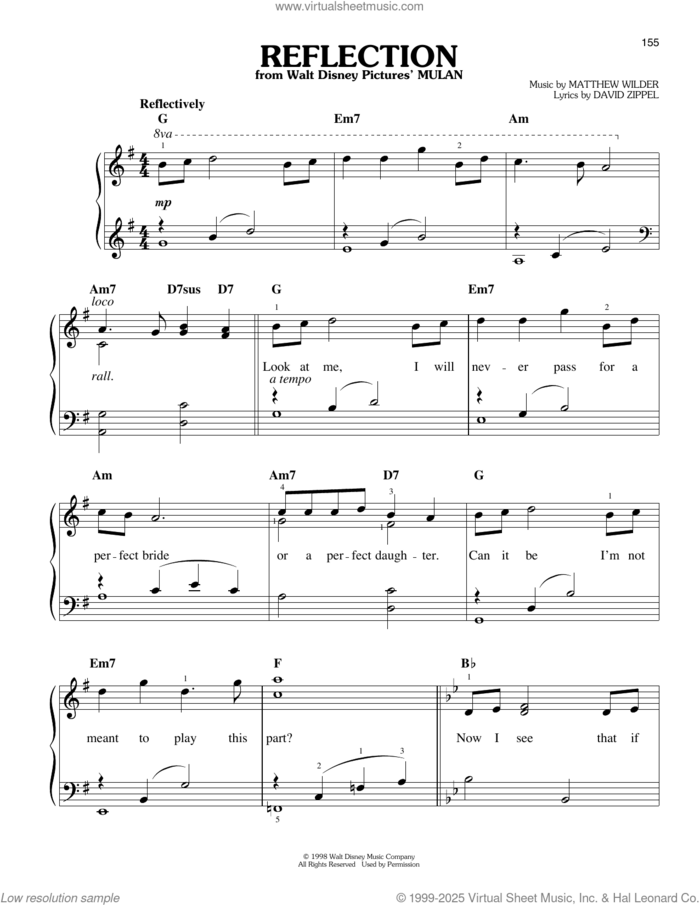 Reflection (from Mulan) sheet music for piano solo by David Zippel & Matthew Wilder, David Zippel and Matthew Wilder, easy skill level