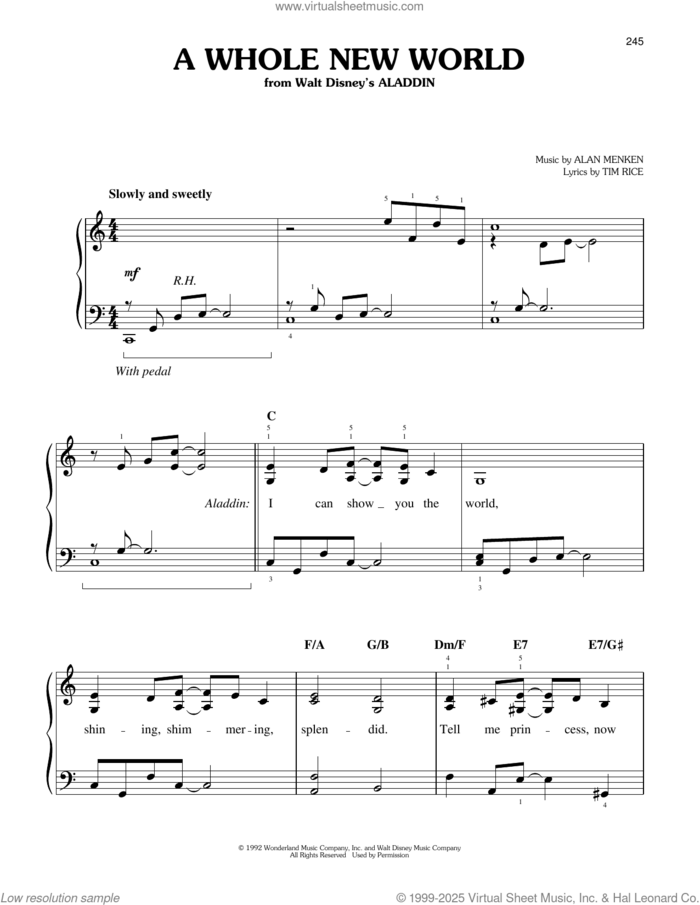 A Whole New World (from Aladdin) sheet music for piano solo by Alan Menken & Tim Rice, Alan Menken and Tim Rice, easy skill level