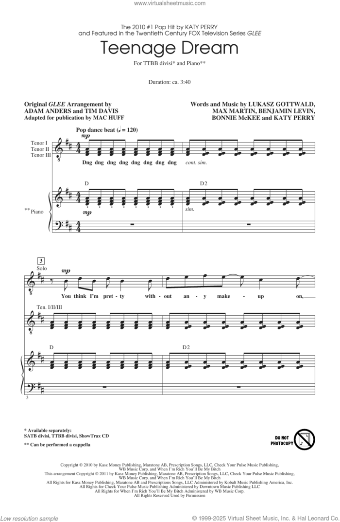 Teenage Dream (arr. Mac Huff) sheet music for choir (TTBB Divisi) by Glee Cast, Mac Huff, Benjamin Levin, Bonnie McKee, Katy Perry, Lukasz Gottwald and Max Martin, intermediate skill level