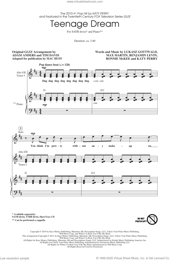 Teenage Dream (arr. Mac Huff) sheet music for choir (SATB Divisi) by Glee Cast, Mac Huff, Benjamin Levin, Bonnie McKee, Katy Perry, Lukasz Gottwald and Max Martin, intermediate skill level