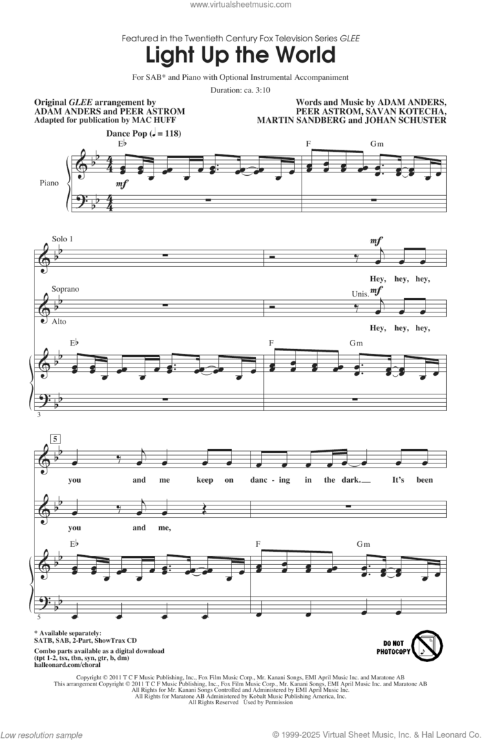 Light Up The World (from Glee) (ed. Mac Huff) sheet music for choir (SAB: soprano, alto, bass) by Glee Cast, Adam Anders, Johan Schuster, Martin Sandberg, Peer Astrom, Savan Kotecha and Mac Huff, intermediate skill level