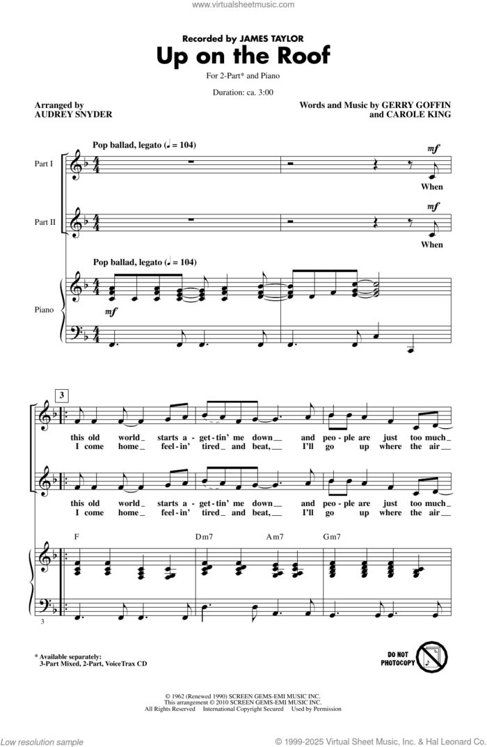 Up On The Roof (arr. Audrey Snyder) sheet music for choir (2-Part) by James Taylor, Audrey Snyder, The Drifters, Carole King and Gerry Goffin, intermediate duet