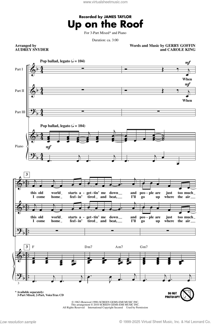 Up On The Roof (arr. Audrey Snyder) sheet music for choir (3-Part Mixed) by James Taylor, Audrey Snyder, The Drifters, Carole King and Gerry Goffin, intermediate skill level