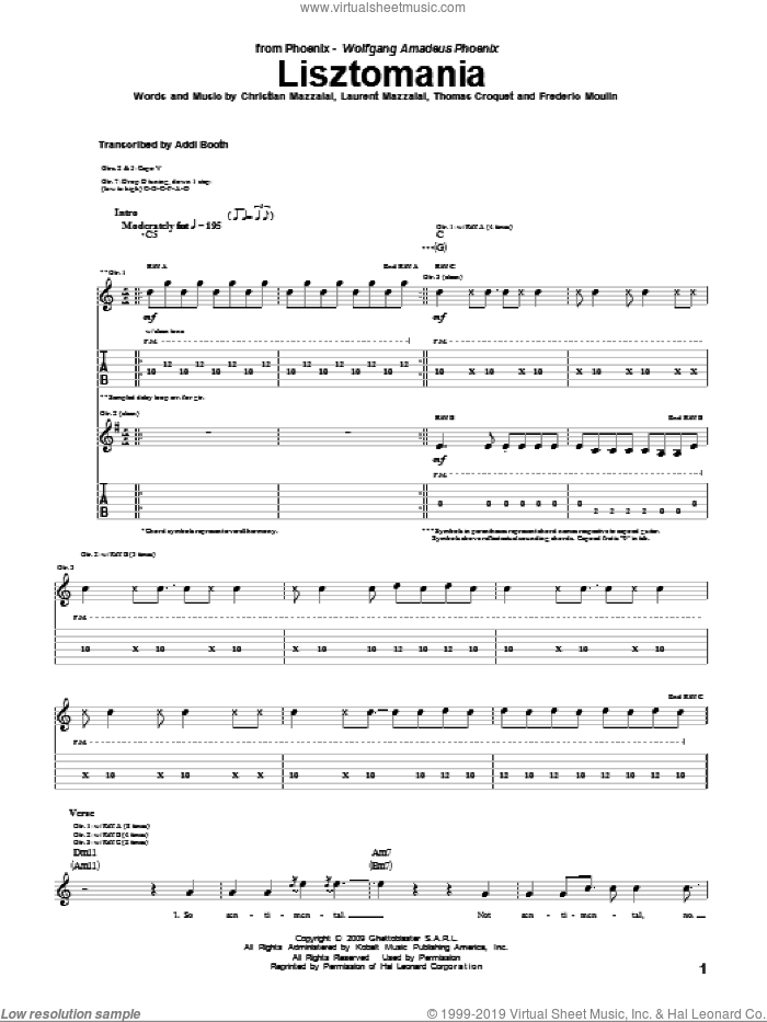 Lisztomania sheet music for guitar (tablature) by Phoenix, Christian Mazzalai, Frederic Moulin, Laurent Mazzalai and Thomas Croquet, intermediate skill level