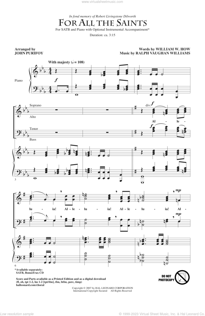 For All The Saints sheet music for choir (SATB: soprano, alto, tenor, bass) by Ralph Vaughan Williams, John Purifoy and William W. How, intermediate skill level