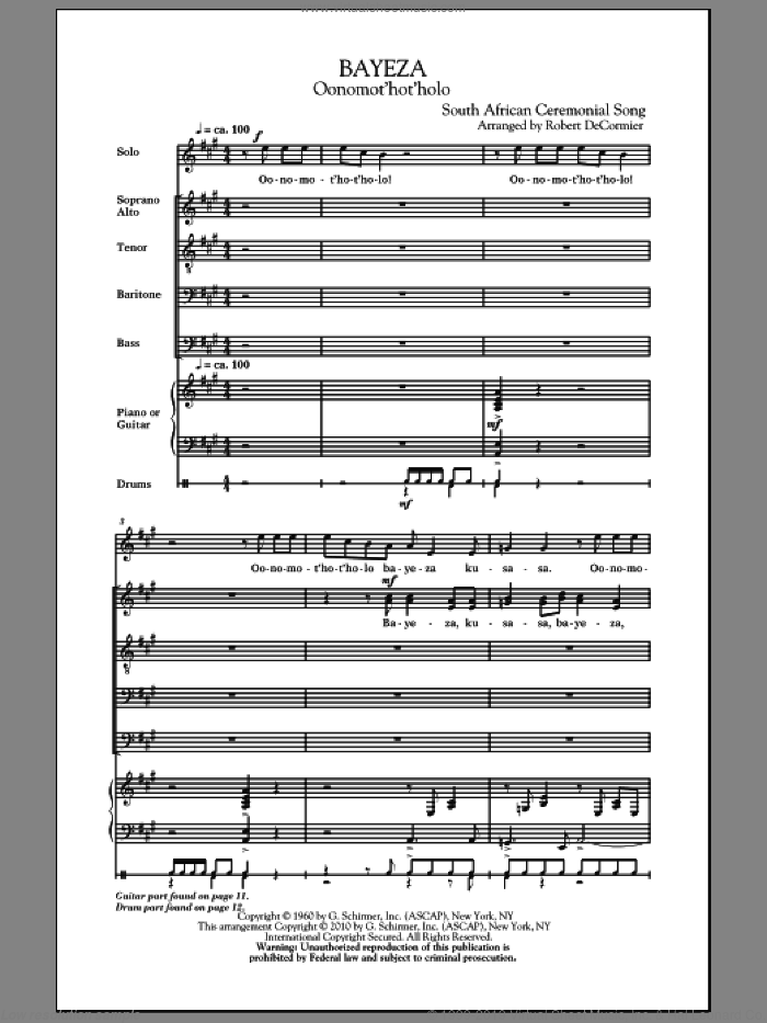 Bayeza (Oonomot'hot'holo) sheet music for choir (SATB: soprano, alto, tenor, bass) by Robert DeCormier, intermediate skill level