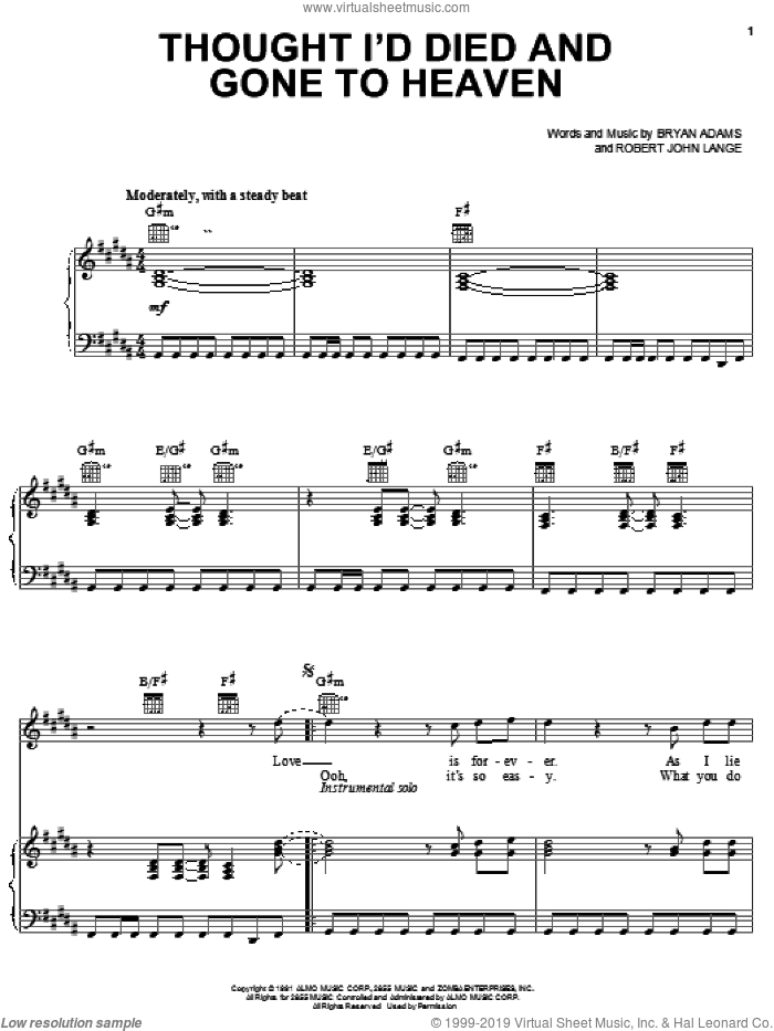 Thought I'd Died And Gone To Heaven sheet music for voice, piano or guitar by Bryan Adams and Robert John Lange, intermediate skill level