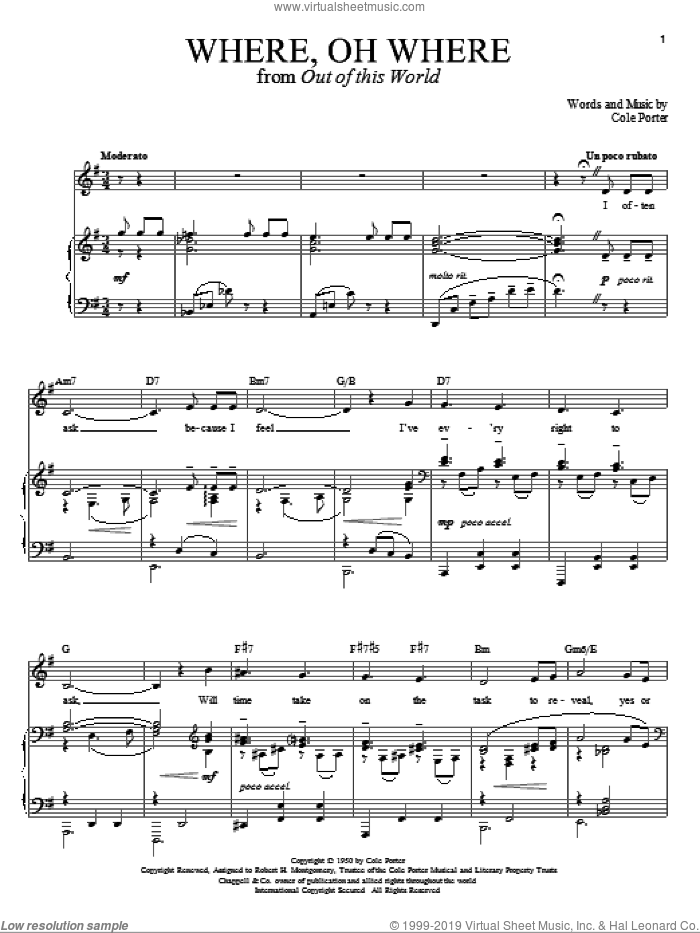Where, Oh Where sheet music for voice and piano by Cole Porter, intermediate skill level