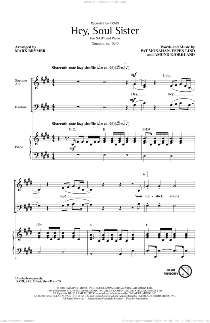 Hey, Soul Sister sheet music for choir (SAB: soprano, alto, bass) by Mark Brymer, Amund Bjorklund, Espen Lind, Pat Monahan and Train, intermediate skill level