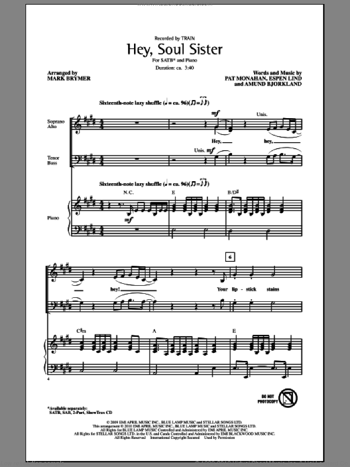Hey, Soul Sister sheet music for choir (SATB: soprano, alto, tenor, bass) by Mark Brymer, Amund Bjorklund, Espen Lind, Pat Monahan and Train, intermediate skill level