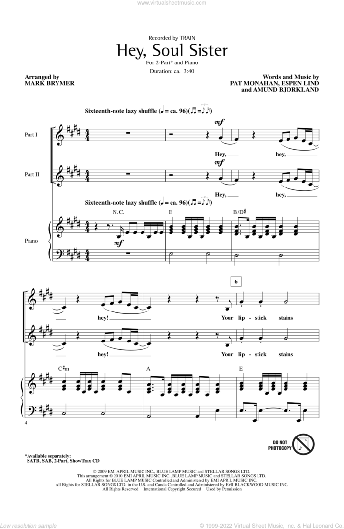 Hey, Soul Sister sheet music for choir (2-Part) by Mark Brymer, Amund Bjorklund, Espen Lind, Pat Monahan and Train, intermediate duet