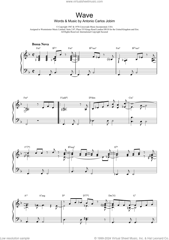 Wave, (intermediate) sheet music for piano solo by Antonio Carlos Jobim and A. C Jobim, intermediate skill level