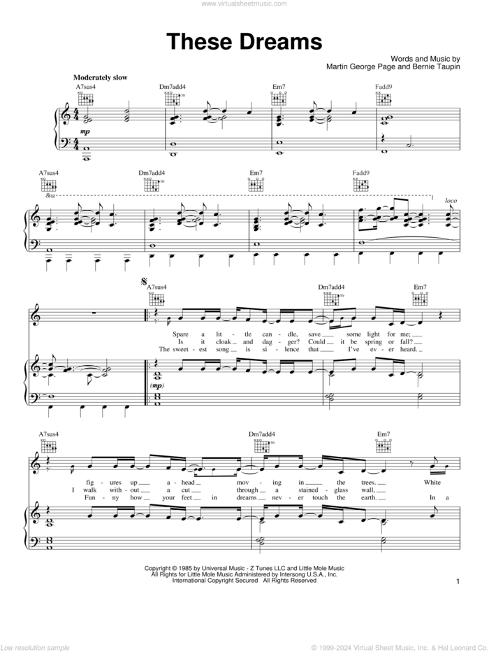 These Dreams sheet music for voice, piano or guitar by Heart, Martin George Page and Taupin, intermediate skill level