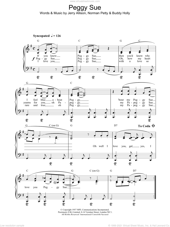 Peggy Sue, (intermediate) sheet music for piano solo by Buddy Holly and ALLISON, intermediate skill level