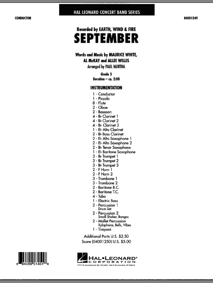September (arr. Paul Murtha) (COMPLETE) sheet music for concert band by Allee Willis, Al McKay, Maurice White, Earth, Wind & Fire and Paul Murtha, intermediate skill level