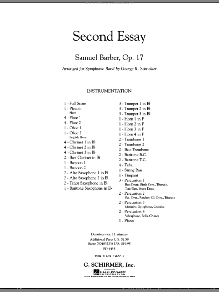 Second Essay (COMPLETE) sheet music for concert band by Samuel Barber and George Schneider, classical score, intermediate skill level