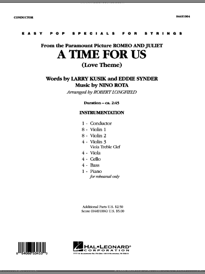 A Time For Us (Love Theme) (COMPLETE) sheet music for orchestra by Nino Rota, Eddie Snyder, Larry Kusik and Robert Longfield, intermediate skill level