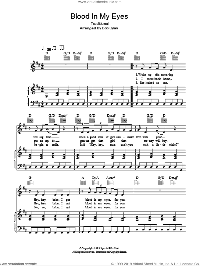 Blood In My Eyes sheet music for voice, piano or guitar by Bob Dylan and Miscellaneous, intermediate skill level
