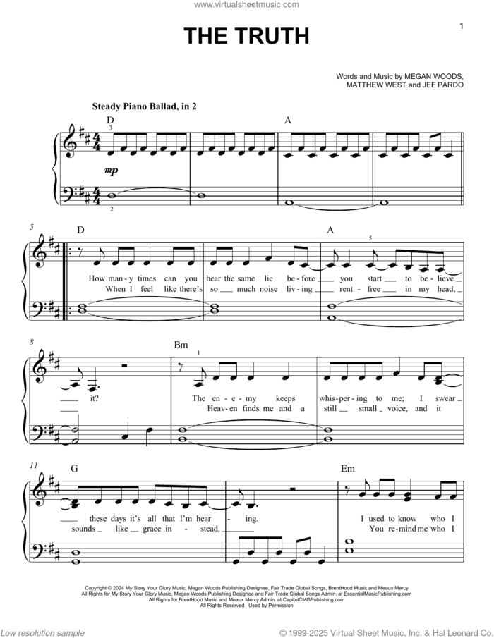 The Truth, (easy) sheet music for piano solo by Megan Woods, Jeff Pardo and Matthew West, easy skill level