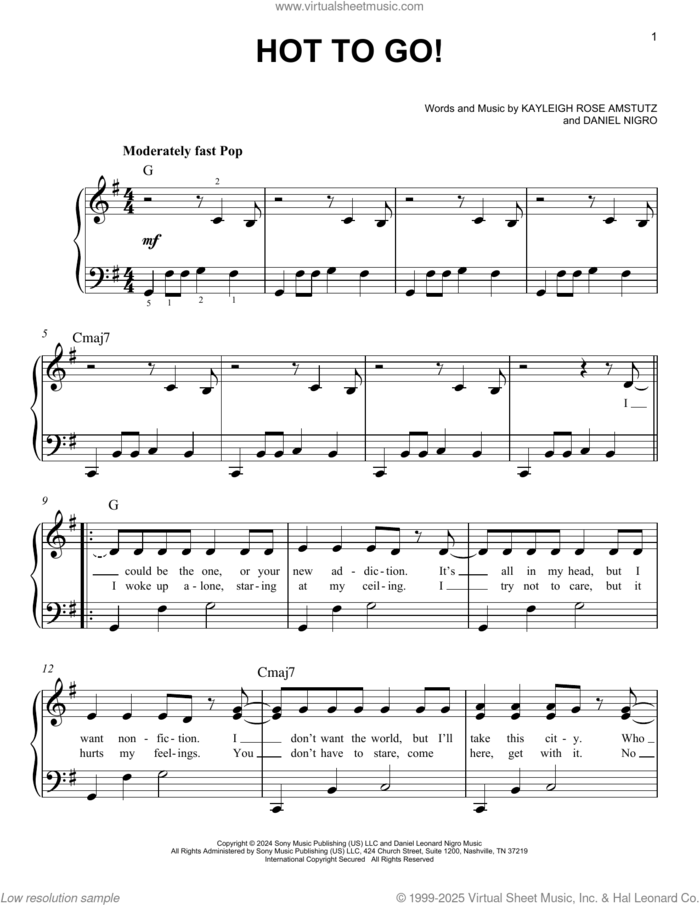 HOT TO GO!, (easy) sheet music for piano solo by Chappell Roan, Daniel Nigro and Kayleigh Rose Amstutz, easy skill level