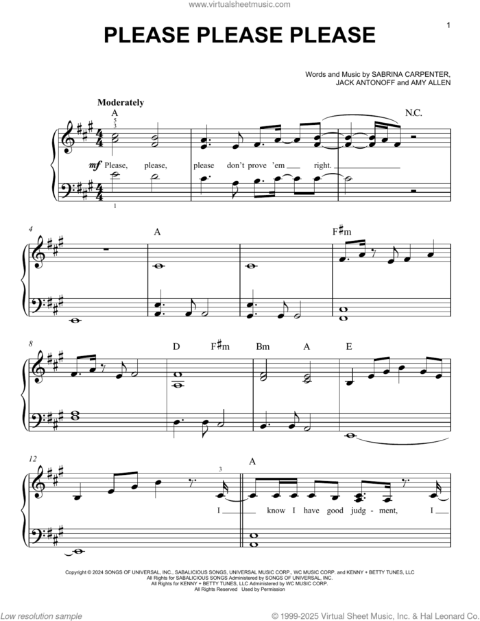 Please Please Please sheet music for piano solo by Sabrina Carpenter, Amy Allen and Jack Antonoff, easy skill level