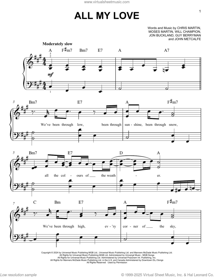 All My Love, (easy) sheet music for piano solo by Coldplay, Chris Martin, Guy Berryman, John Metcalfe, Jon Buckland, Moses Martin and Will Champion, easy skill level