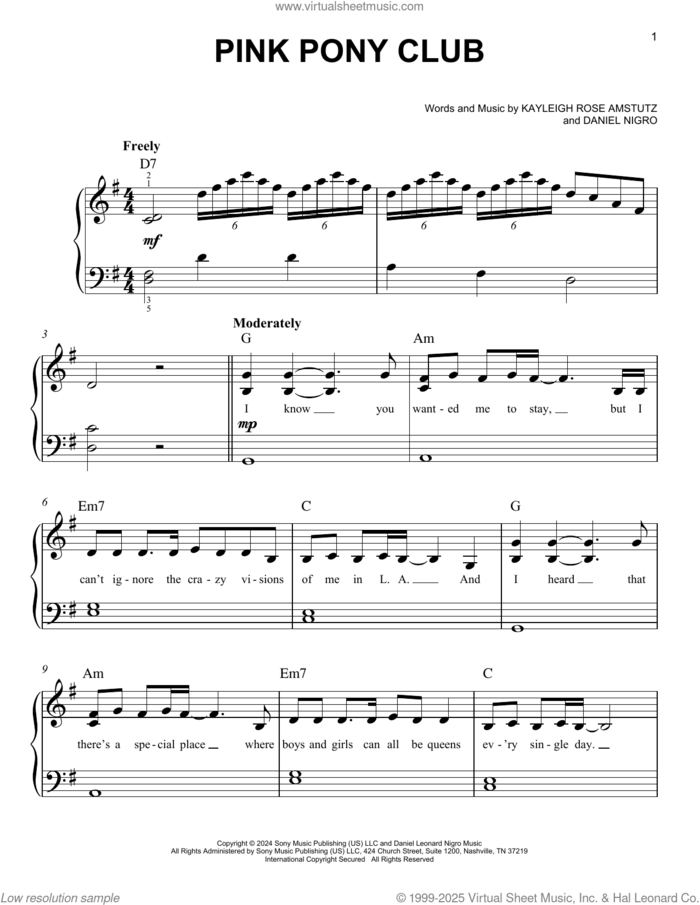 Pink Pony Club, (easy) sheet music for piano solo by Chappell Roan, Daniel Nigro and Kayleigh Rose Amstutz, easy skill level