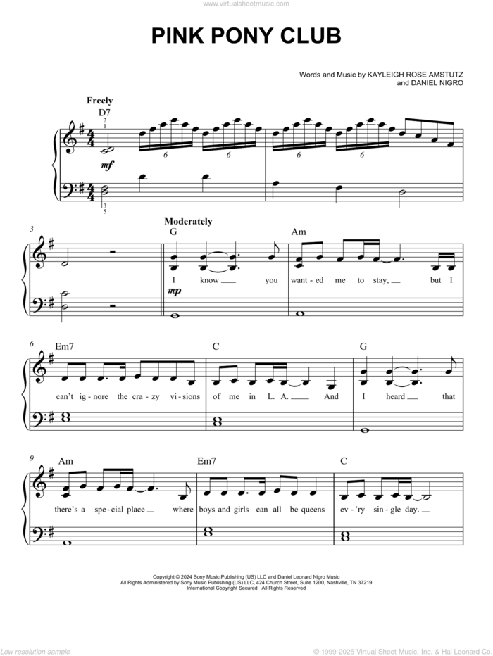 Pink Pony Club, (easy) sheet music for piano solo by Chappell Roan, Daniel Nigro and Kayleigh Rose Amstutz, easy skill level