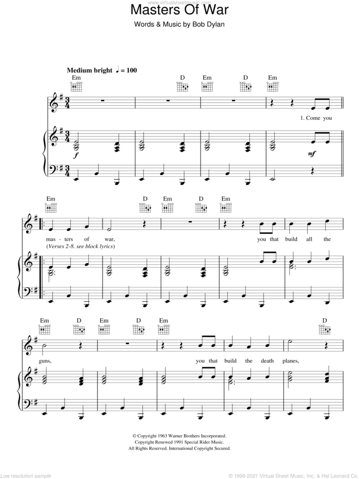 Masters Of War sheet music for voice, piano or guitar by Bob Dylan, intermediate skill level