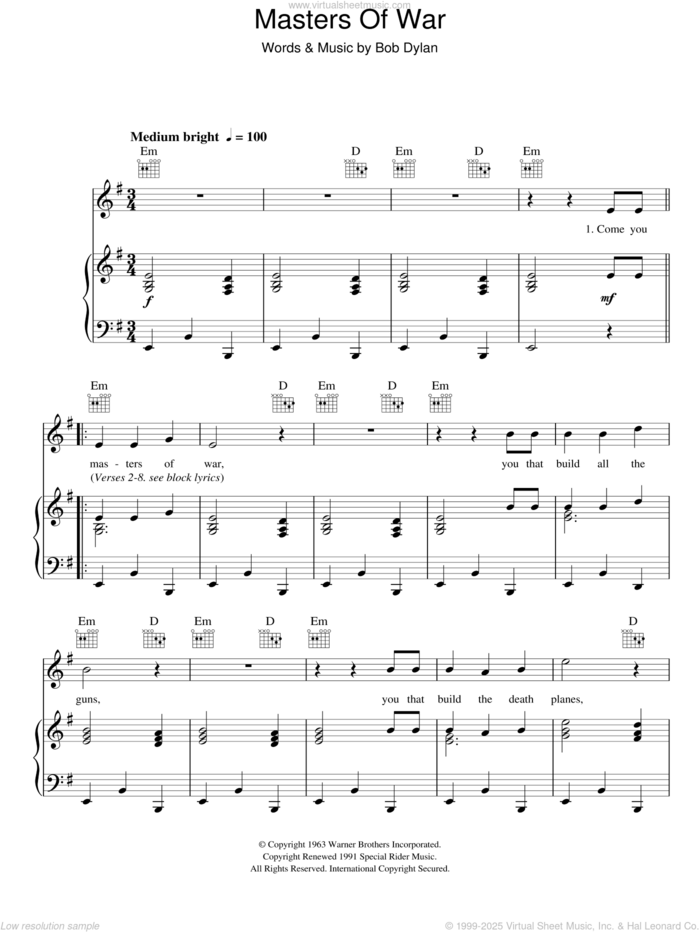 Masters Of War sheet music for voice, piano or guitar by Bob Dylan, intermediate skill level