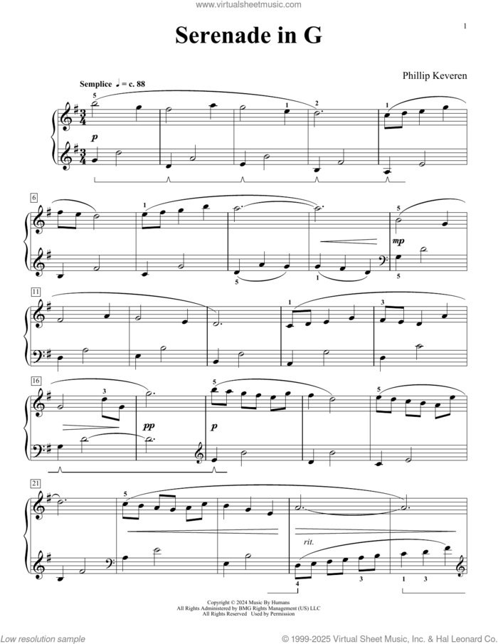 Serenade In G (Memories Of Mommy) sheet music for piano solo by Phillip Keveren, classical score, intermediate skill level