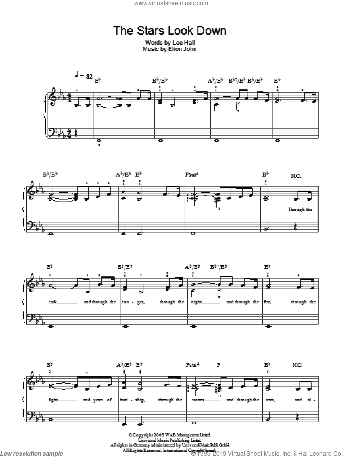 The Stars Look Down sheet music for piano solo by Elton John, Billy Elliot (Musical) and Lee Hall, easy skill level