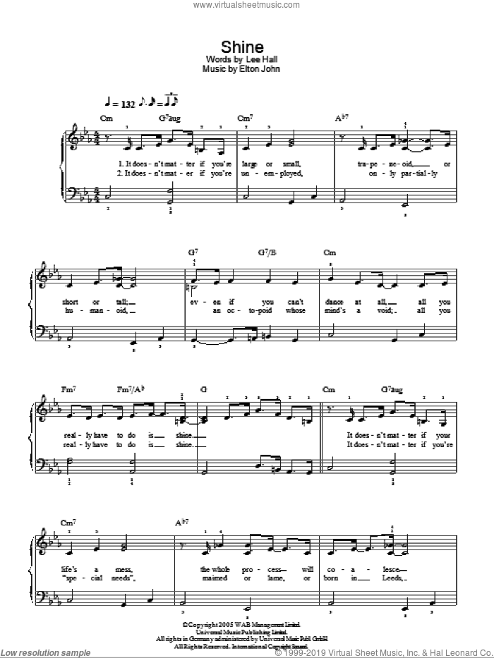 Shine sheet music for piano solo by Elton John, Billy Elliot (Musical) and Lee Hall, easy skill level