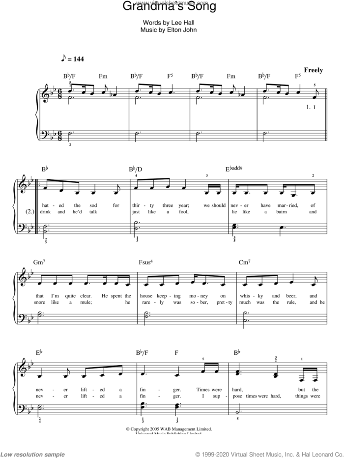 Grandma's Song sheet music for piano solo by Elton John, Billy Elliot (Musical) and Lee Hall, easy skill level