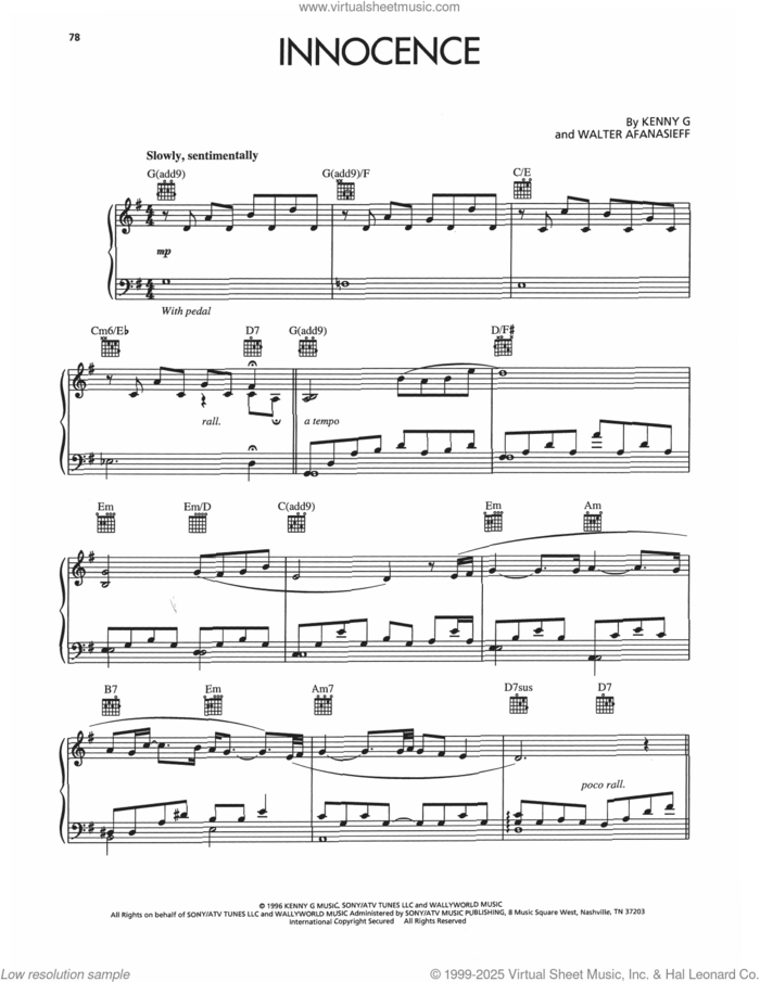 Innocence sheet music for piano solo by Kenny G and Walter Afanasieff, intermediate skill level