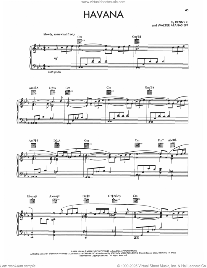 Havana sheet music for piano solo by Kenny G and Walter Afanasieff, intermediate skill level