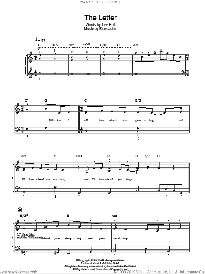 The Letter sheet music for piano solo by Elton John, Billy Elliot (Musical) and Lee Hall, easy skill level