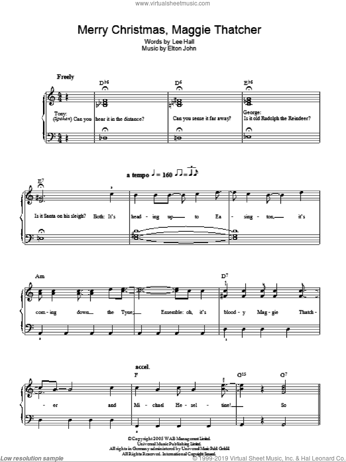 Merry Christmas Maggie Thatcher sheet music for piano solo by Elton John, Billy Elliot (Musical) and Lee Hall, easy skill level