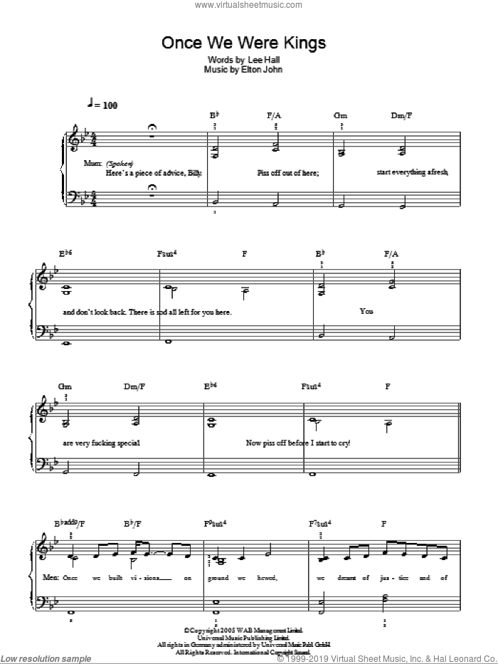 Once We Were Kings sheet music for piano solo by Elton John, Billy Elliot (Musical) and Lee Hall, easy skill level