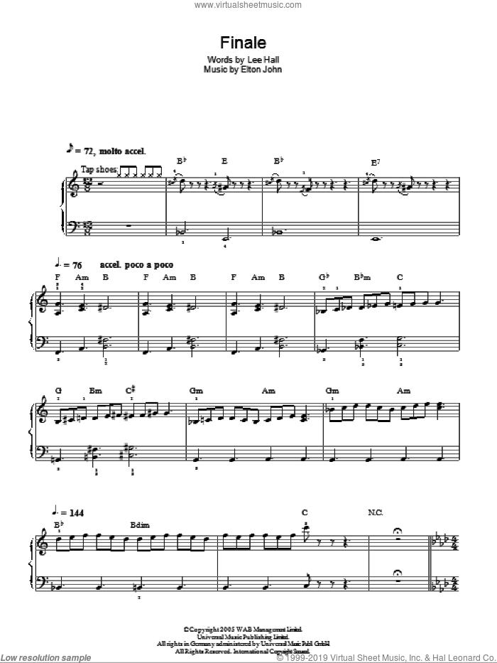 Finale sheet music for piano solo by Elton John, Billy Elliot (Musical) and Lee Hall, easy skill level