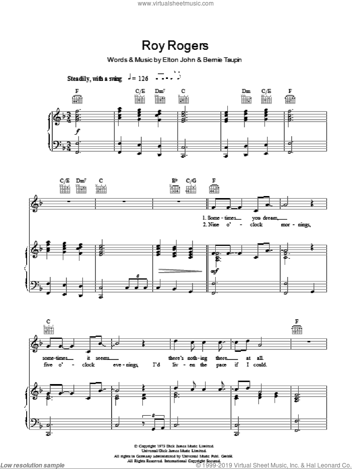Roy Rogers sheet music for voice, piano or guitar by Elton John and Bernie Taupin, intermediate skill level